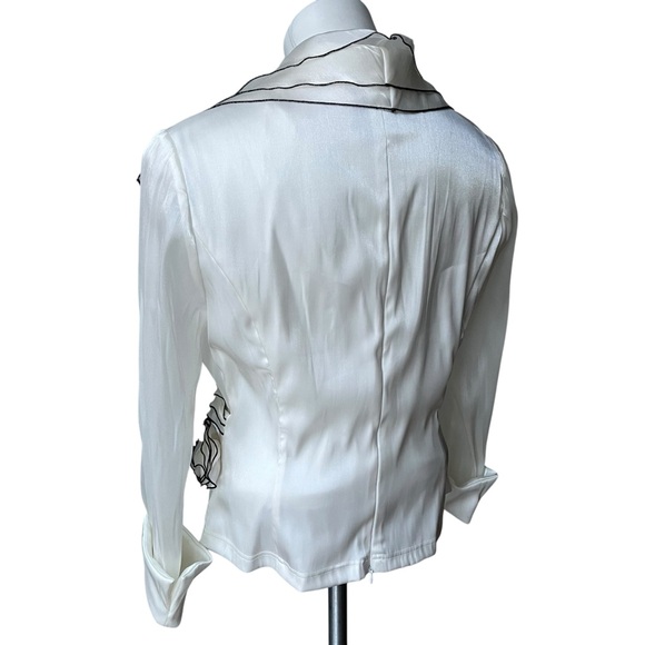 Rare 90s Cachet Shimmery White Faux Wrap Wide Lapel Sheer Sleeve Blouse - Picture 4 of 14